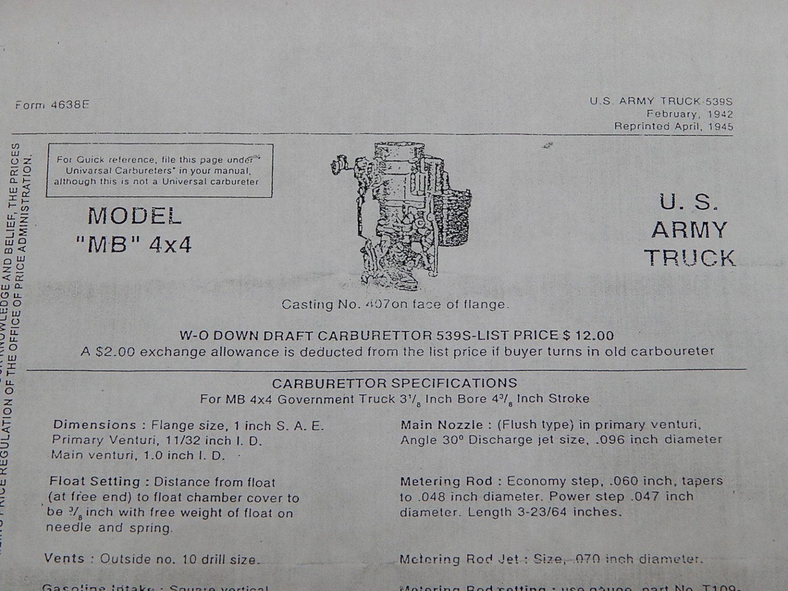 Carter WO Carburetor Master Rebuild Kit. Army Jeep Willys CJ2A MB CJ3A
