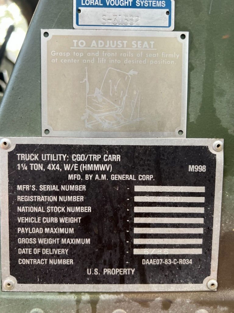 1986 Original Military Humvee M998. All Collectible, with USA TAG