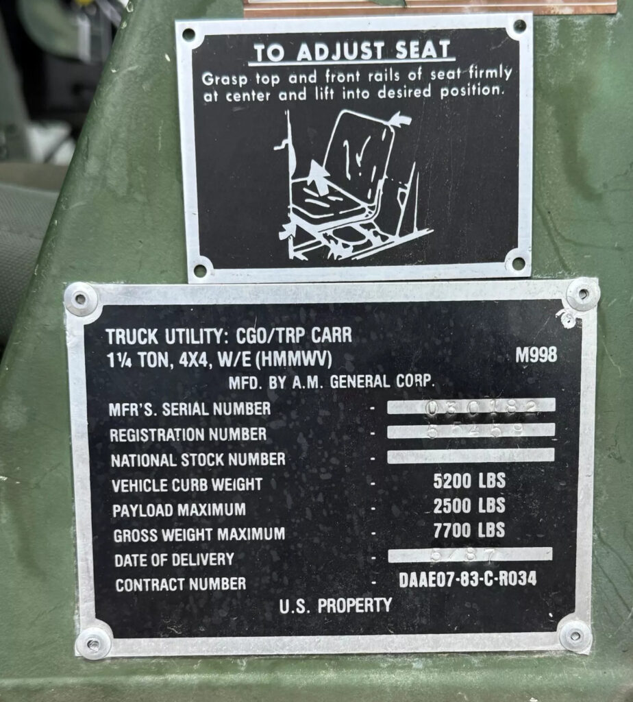 1986 American General M998 Hmmwv S#030182 10,866 Miles Desert Storm