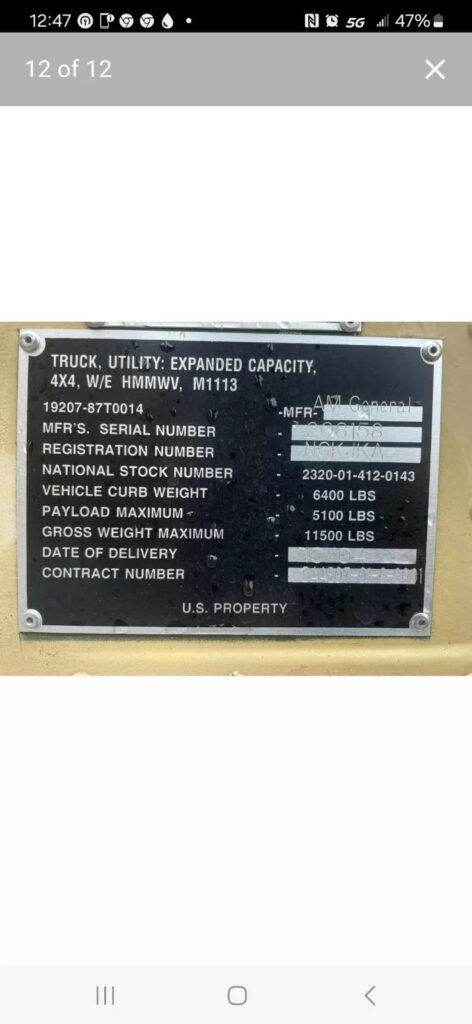 Military Hmmwv M1113 6.5 Turbo Diesel 4×4-Road Legal and Inspected