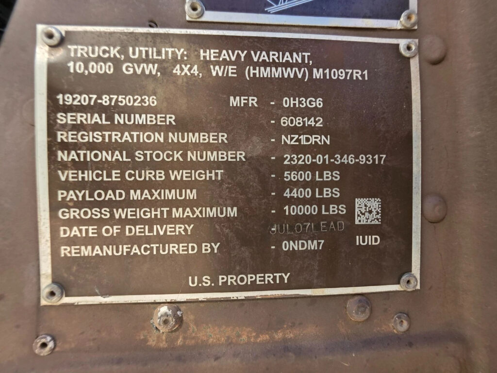 Titled 2007 4×4 Heavy M1097r1 Military Hummer Hmmwv Humvee Runs and Drives Great