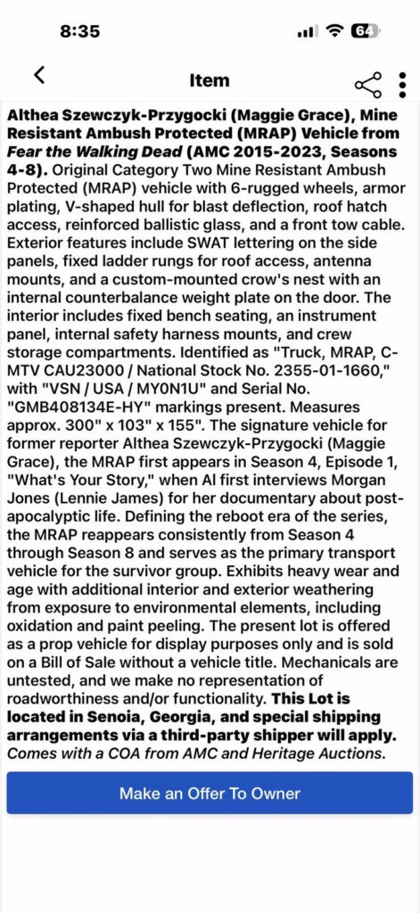 Mrap, C -MTV 6X6 Armored “cau23000 NS. No. “2355-01-1660” Registered “prop”